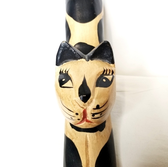 Vintage Black and Brown Wooden Stretching Cat Sculpture Figurine - Picture 5 of 10